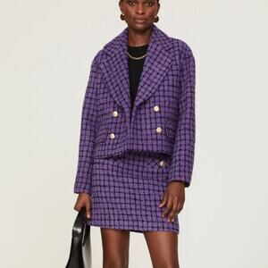 Sandro Purple Black Plaid Double Breasted Simona Tweed Blazer 8